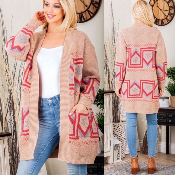B29S🤎💗Luxury look+feel tan Southwest print cardigan w/pink +blue trim details - Picture 2 of 13